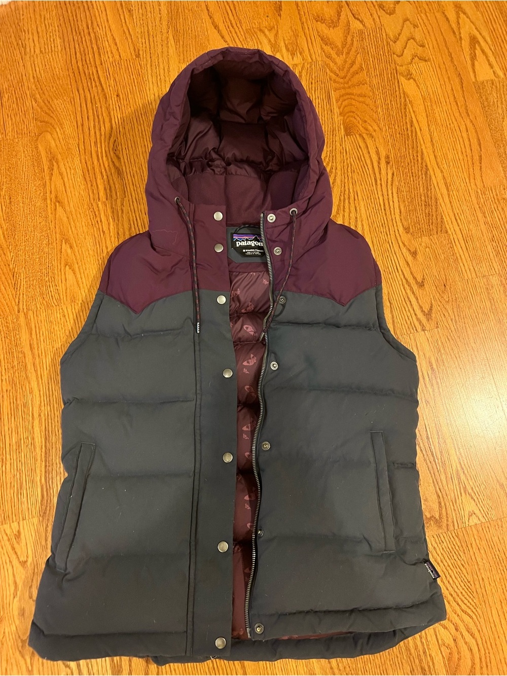 Patagonia women’s Two-Tone Hooded Puffer Vest - Plum & Charcoal